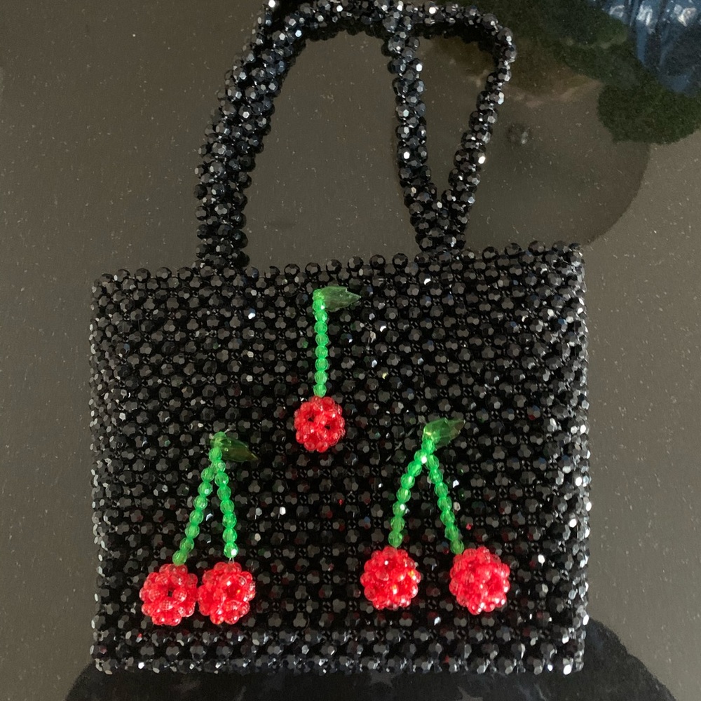 Black Beaded Cherry Tote Bag